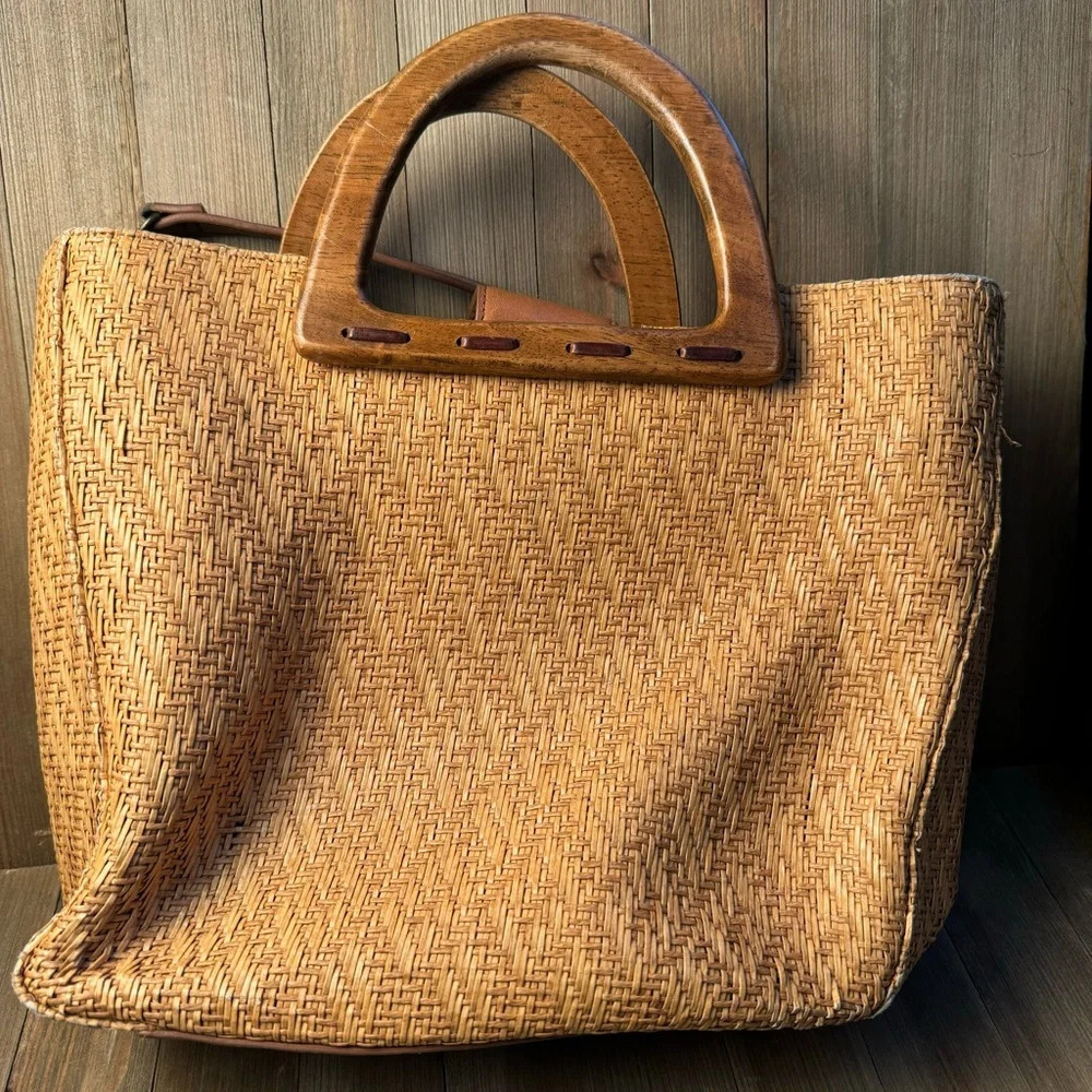 Fossil Woven Wicker Wooden Handle Square Crossbody Bag Purse 12x10x4” Tan Brown - Picture 9 of 9